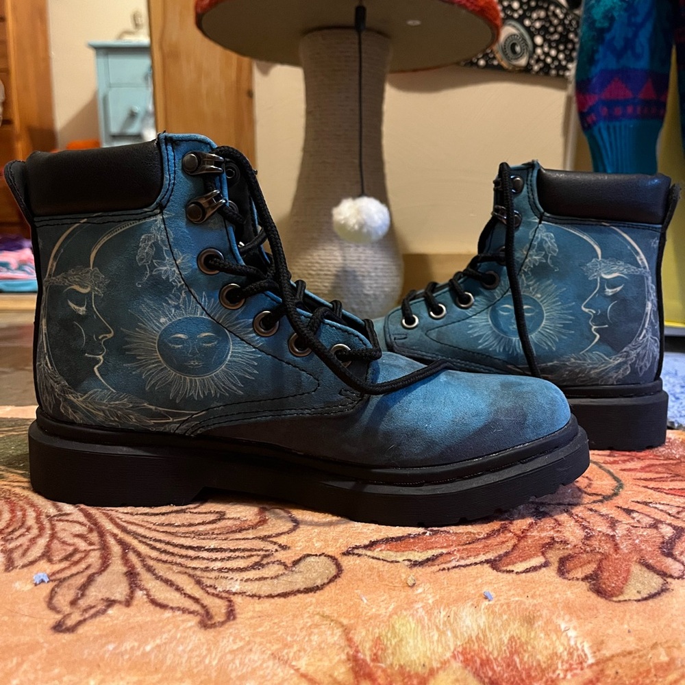 Women's Blue Sun and Moon Combat Boots